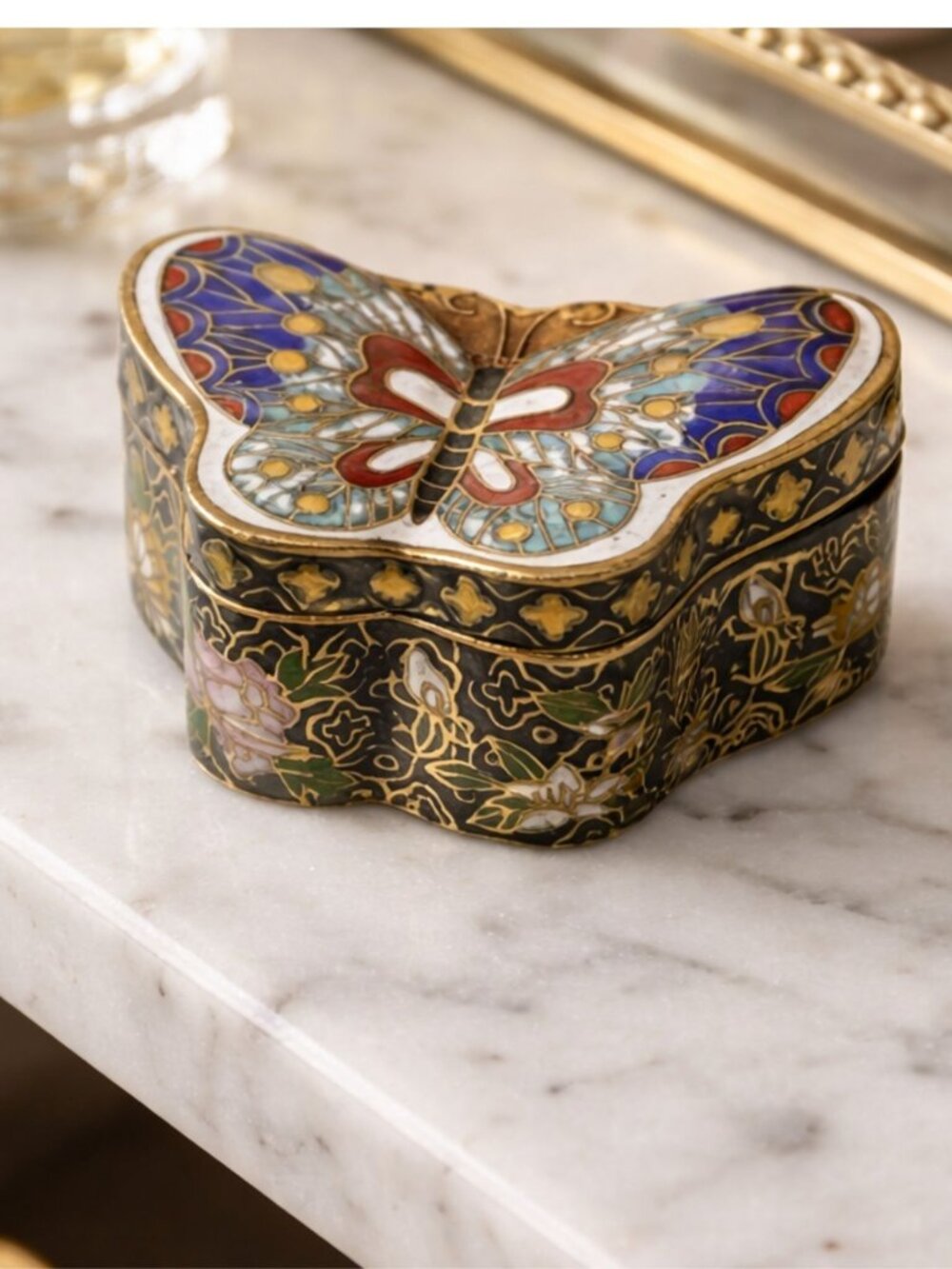 Vintage Cloisonne Butterfly Trinket Box Brass Enamel Floral Small Jewelry Box
